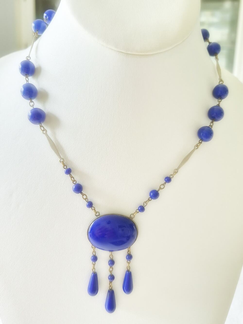 Vintage Blue Glass Bead Lariat Necklace